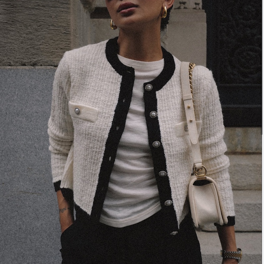 Mango Black and Cream Cardigan Sweater NWT Pearl Rhinestone Buttons